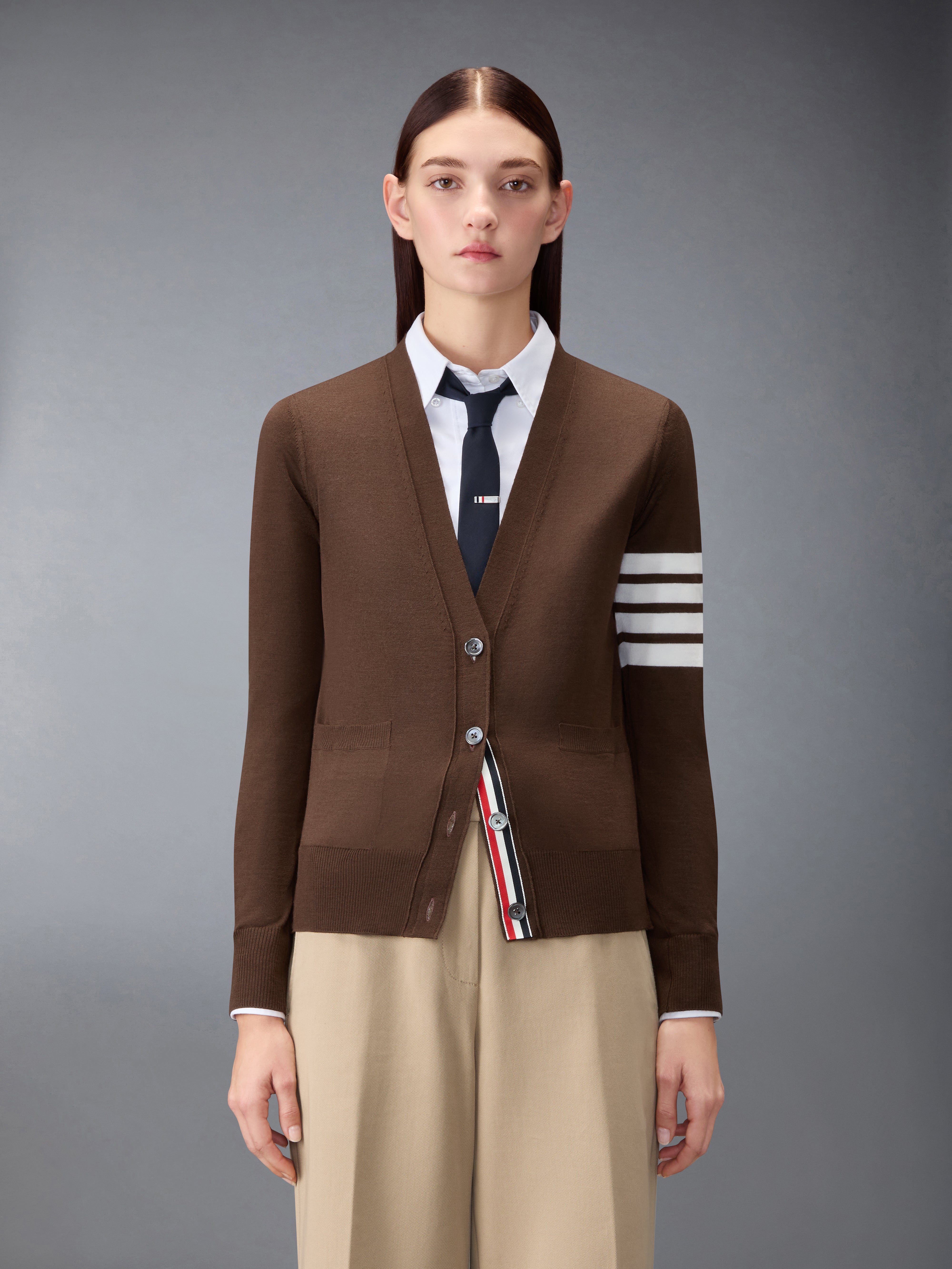 Merino Wool 4-Bar Relaxed Fit V-Neck Cardigan | Thom Browne