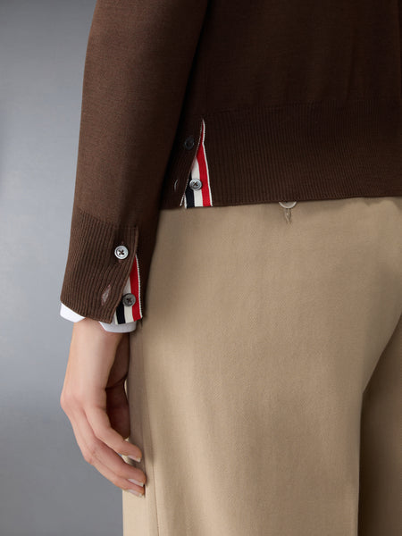 MERINO WOOL 4-BAR RELAXED FIT V-NECK CARDIGAN DARK BROWN