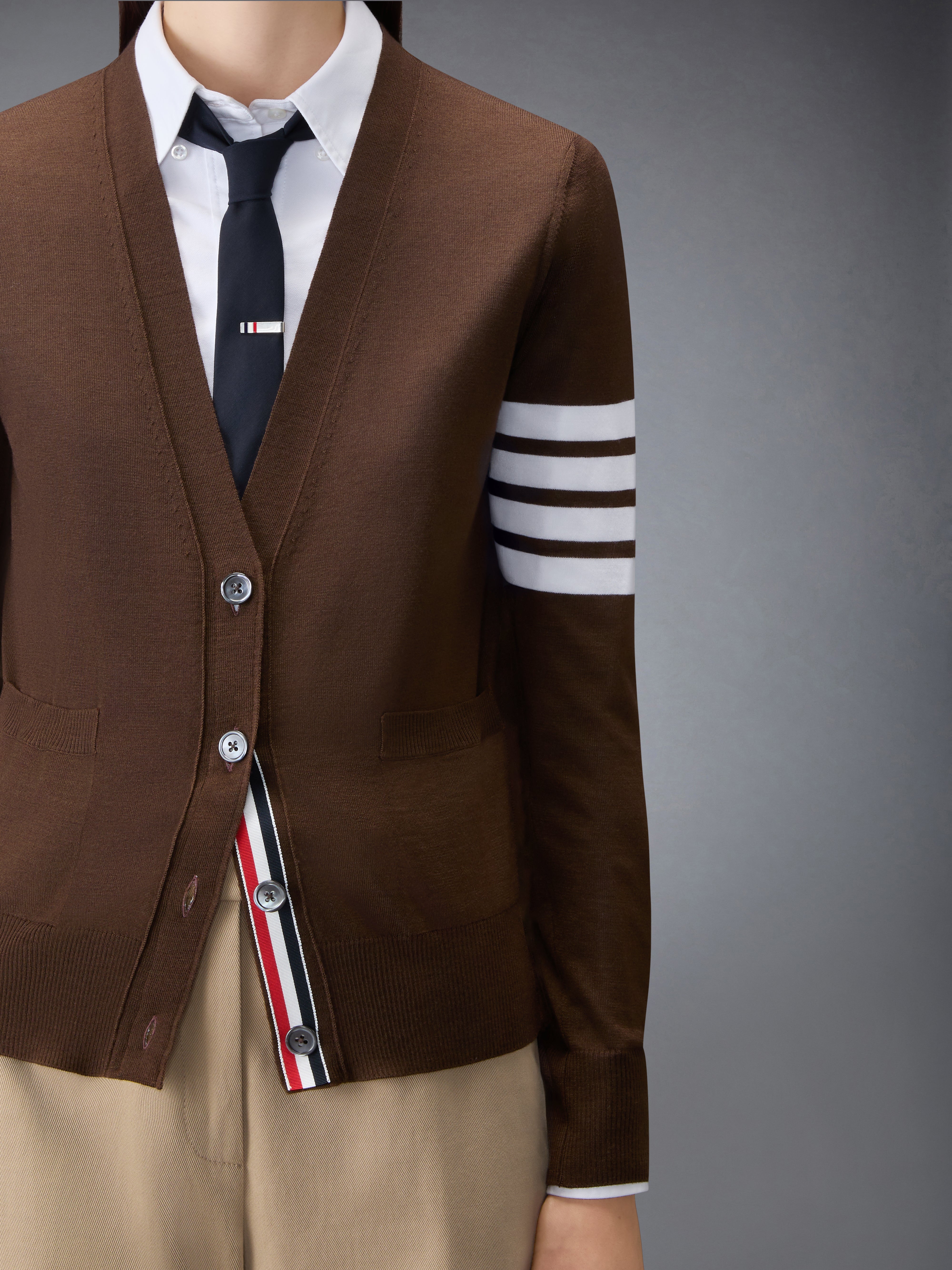Merino Wool 4-Bar Relaxed Fit V-Neck Cardigan | Thom Browne