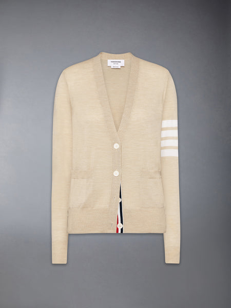 MERINO WOOL 4-BAR RELAXED FIT V-NECK CARDIGAN BEIGE