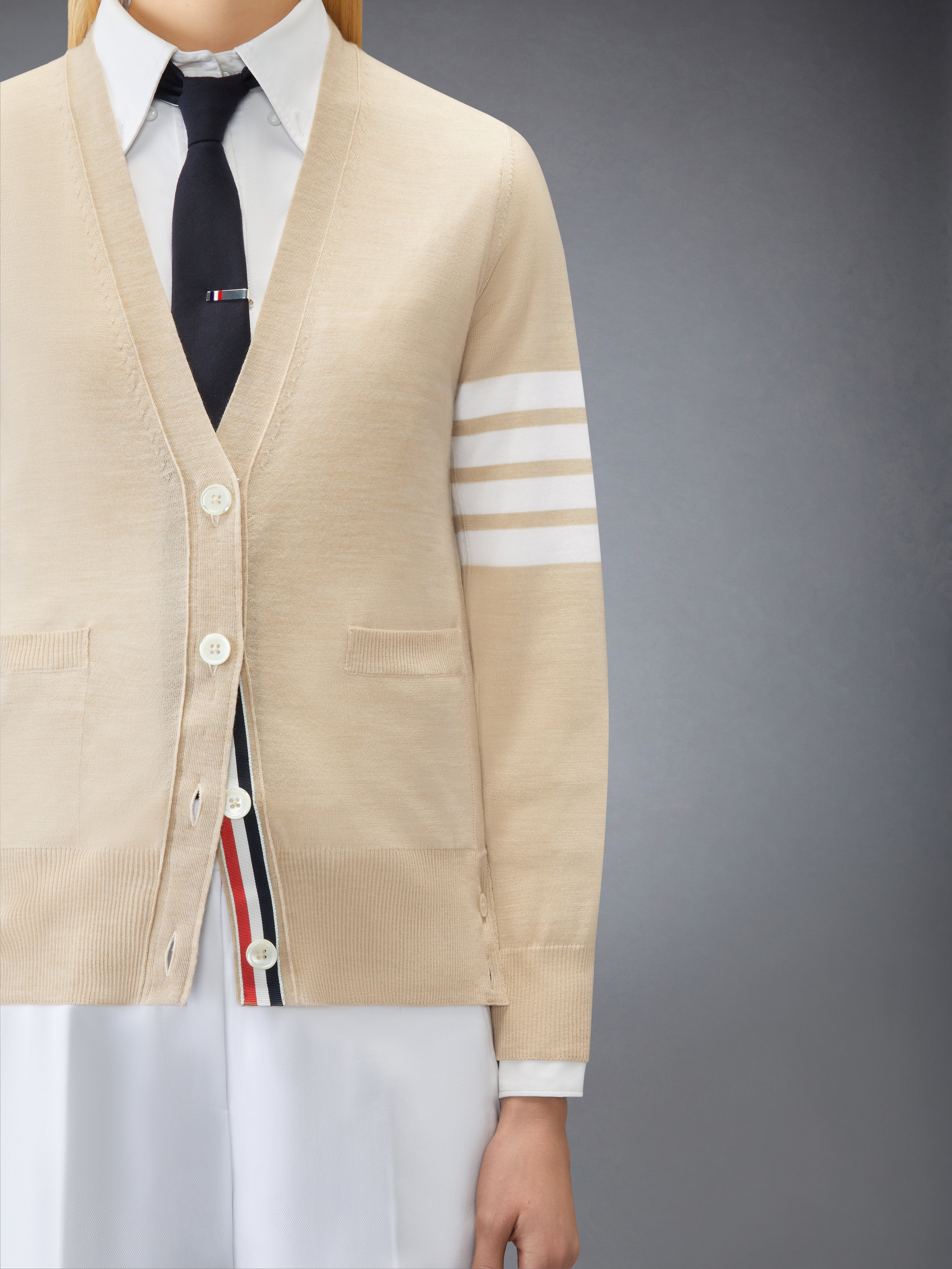 Merino Wool 4-Bar Relaxed Fit V-Neck Cardigan | Thom Browne