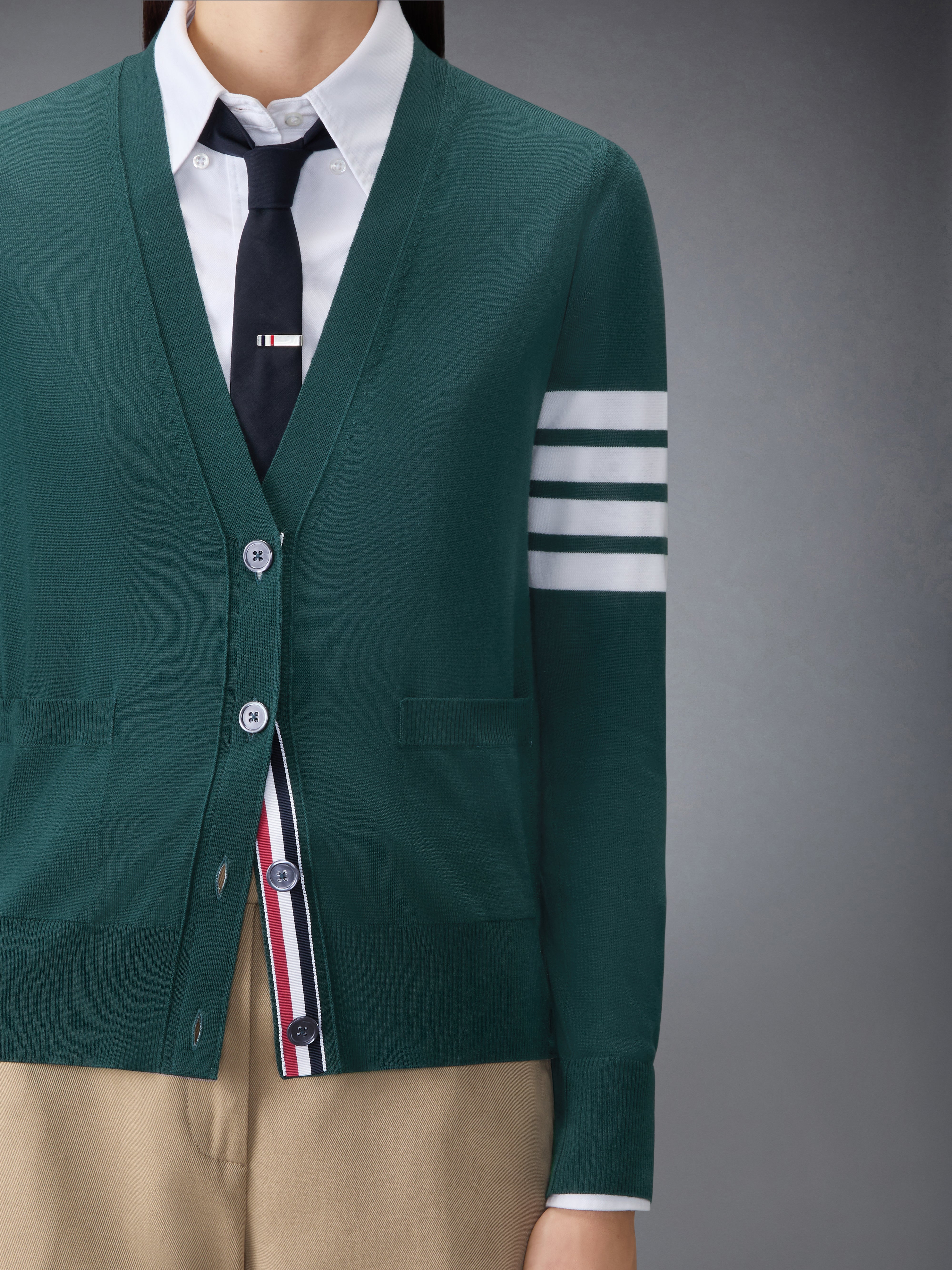 Merino Wool 4-Bar Relaxed Fit V-Neck Cardigan | Thom Browne