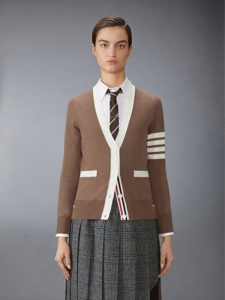 FINE MERINO WOOL 4-BAR V NECK CARDIGAN