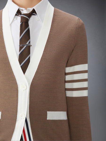 FINE MERINO WOOL 4-BAR V NECK CARDIGAN