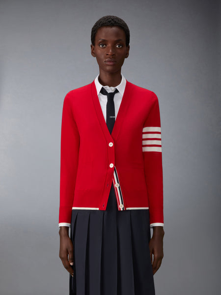 FINE MERINO WOOL 4-BAR RELAXED FIT CARDIGAN RED