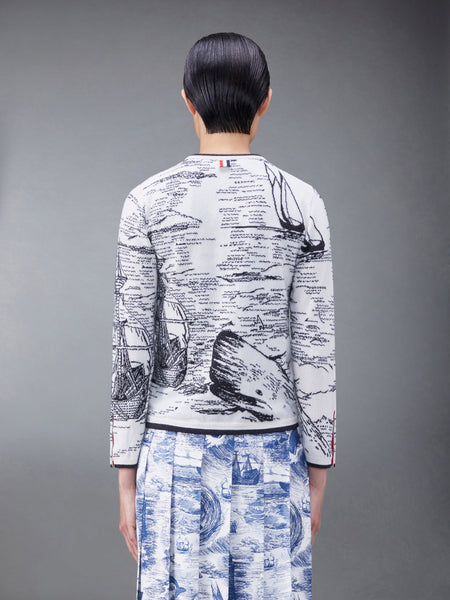 Cashmere Nautical Toile Jersey Silk Lined Crew Neck Cardigan BLK/WHT