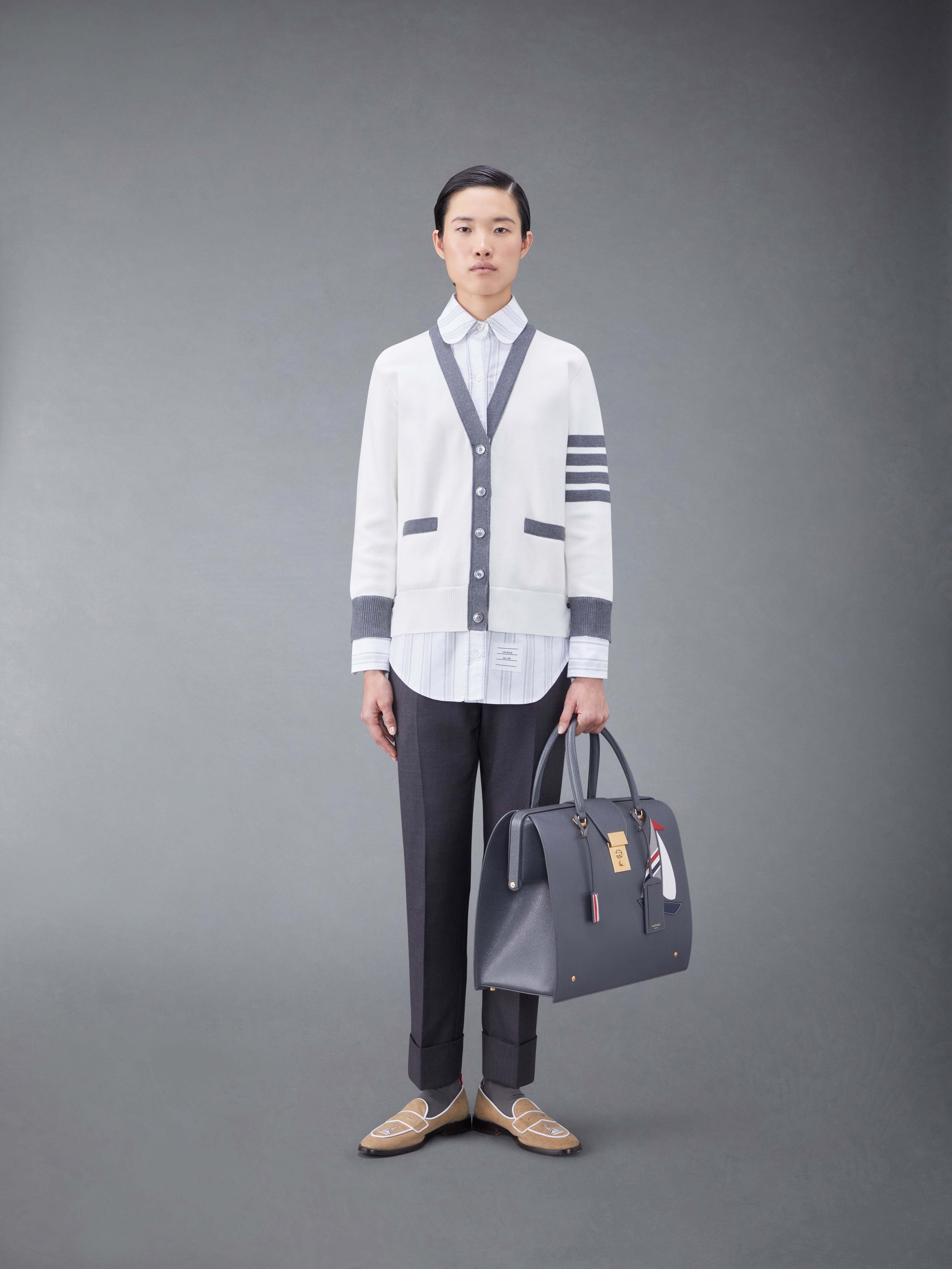 コットンミラノとオックスフォードの4バーVネックカーディガンシャツ