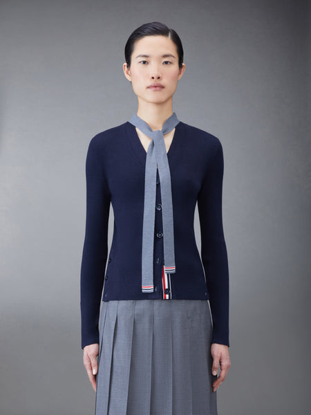 Wool Silk Rib Stripe Neck Tie V-neck Cardigan NAVY