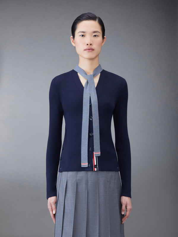 Wool Silk Rib Stripe Neck Tie V-neck Cardigan - featured image