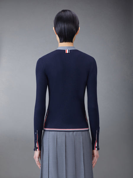 Wool Silk Rib Stripe Neck Tie V-neck Cardigan NAVY