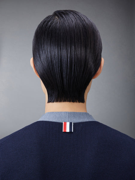 Wool Silk Rib Stripe Neck Tie V-neck Cardigan NAVY