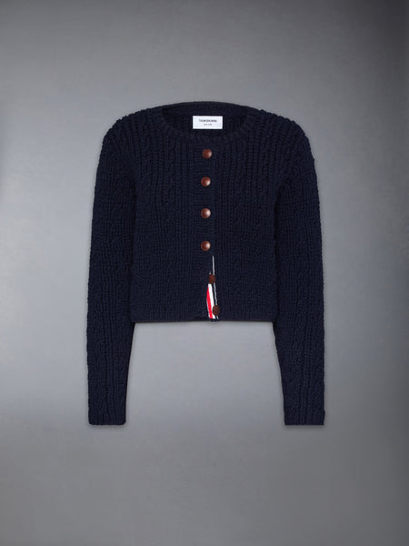 IRISH WOOL HANDKNIT CABLE STITCH SHORT CARDIGAN NAVY