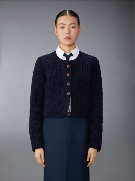 IRISH WOOL HANDKNIT CABLE STITCH SHORT CARDIGAN NAVY