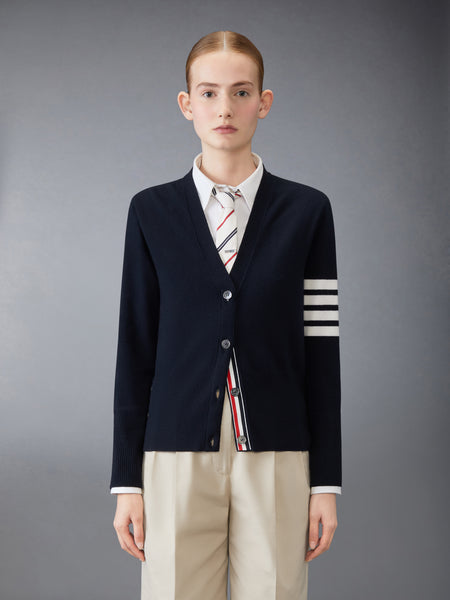 MR. & MRS. GINGERBREAD MERINO WOOL 4-BAR V NECK CARDIGAN NAVY