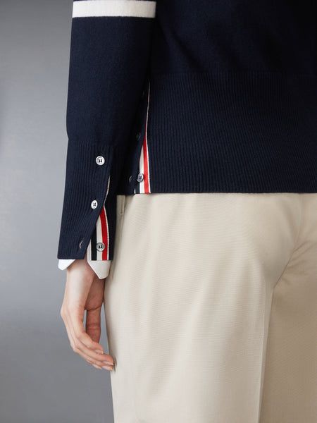 MR. & MRS. GINGERBREAD MERINO WOOL 4-BAR V NECK CARDIGAN NAVY