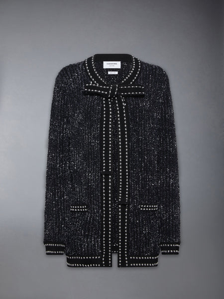 EYELASH TWEED JACQUARD NECK TIE CARDIGAN BLACK
