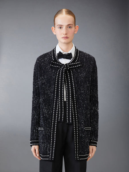 EYELASH TWEED JACQUARD NECK TIE CARDIGAN BLACK