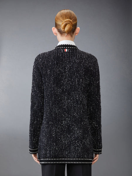 EYELASH TWEED JACQUARD NECK TIE CARDIGAN BLACK