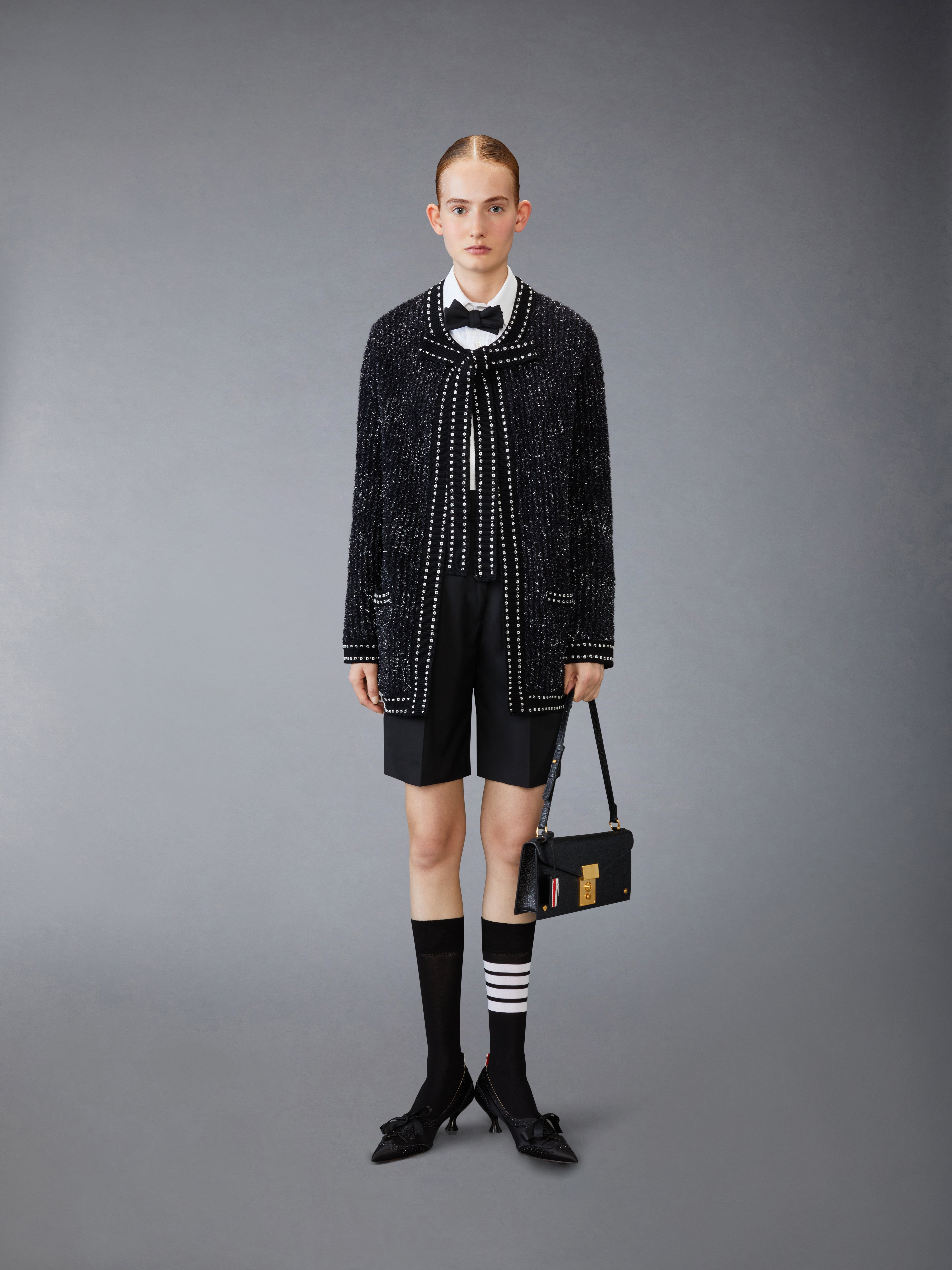 Eyelash Tweed Jacquard Neck Tie Long Cardigan In Cotton And