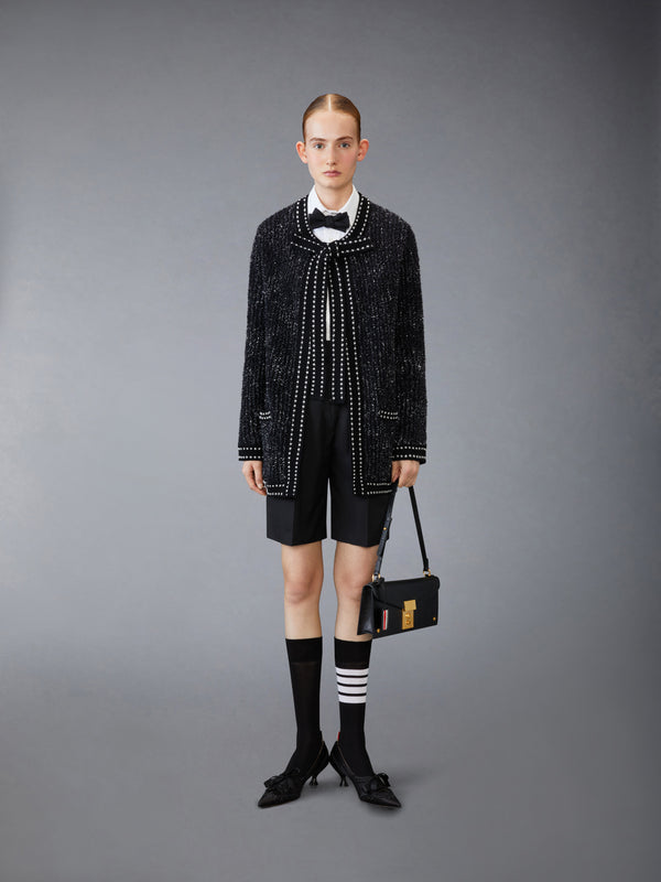 EYELASH TWEED JACQUARD NECK TIE CARDIGAN