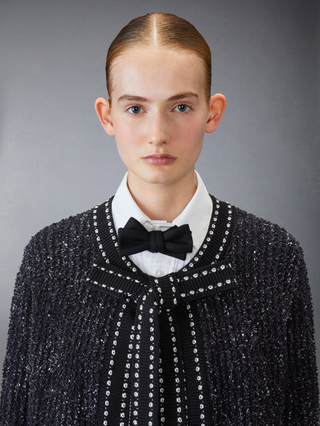 EYELASH TWEED JACQUARD NECK TIE CARDIGAN BLACK