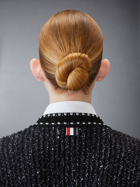 EYELASH TWEED JACQUARD NECK TIE CARDIGAN BLACK