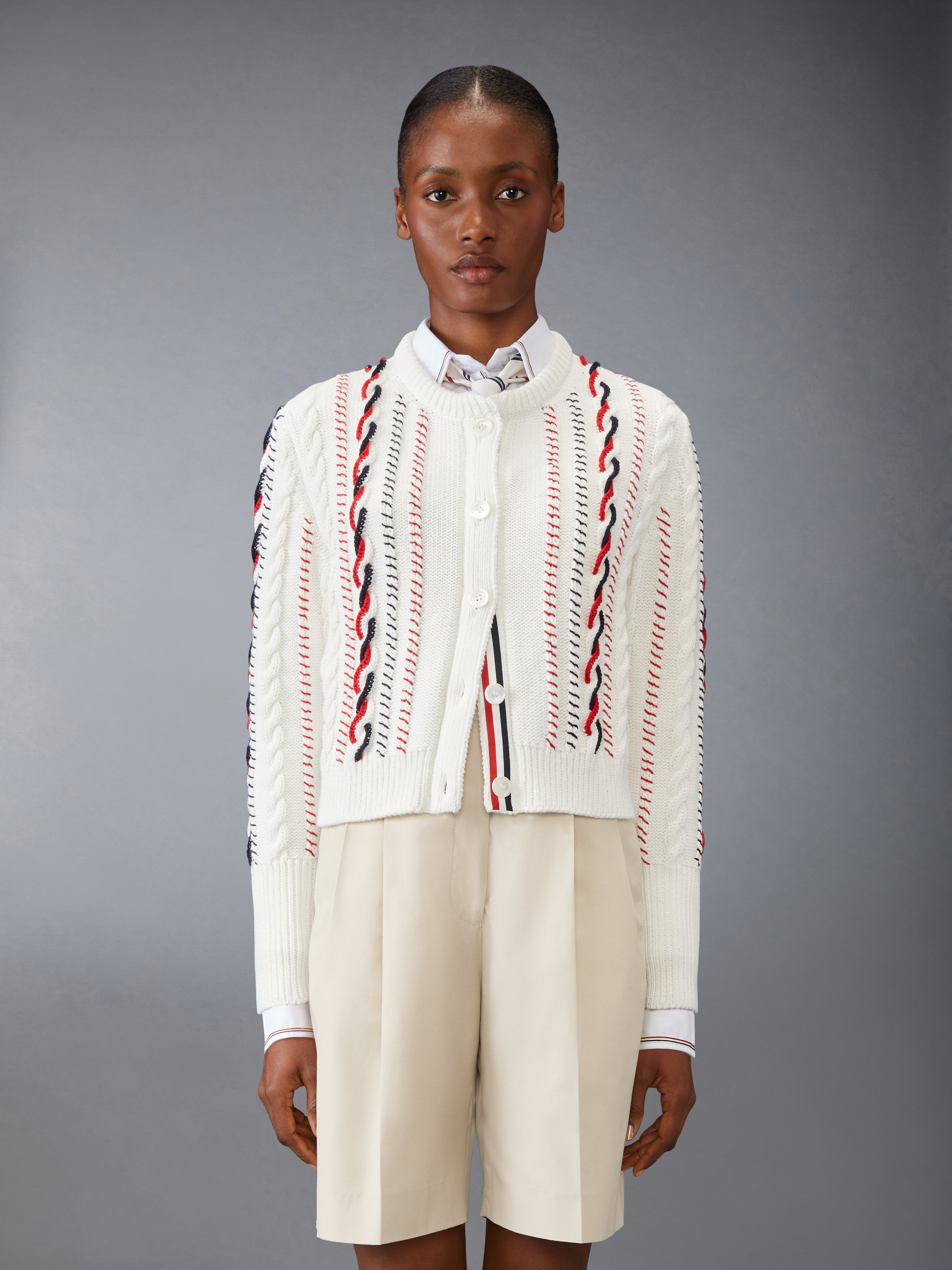 Hand Crochet Cable Stitch Cropped Crew Neck Cardigan In Chunky