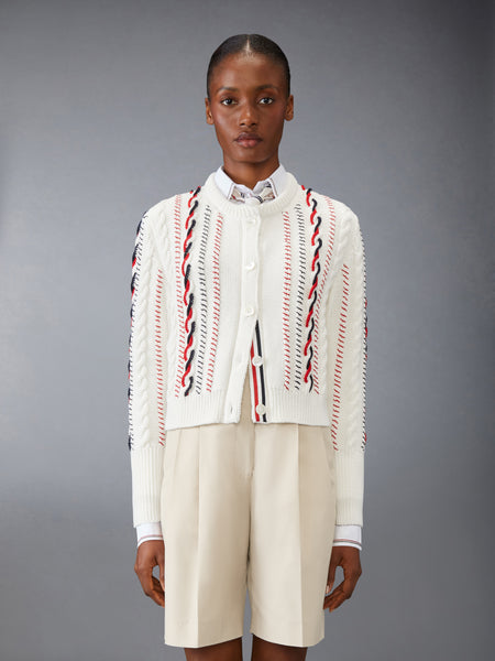 HAND CROCHET CABLE KNIT CROPPED CARDIGAN WHITE