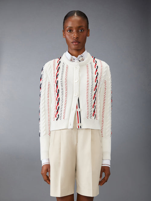 Hand Crochet Cable Stitch Cropped Crew Neck Cardigan In Chunky 