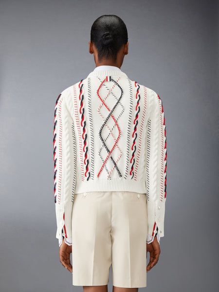 HAND CROCHET CABLE KNIT CROPPED CARDIGAN WHITE