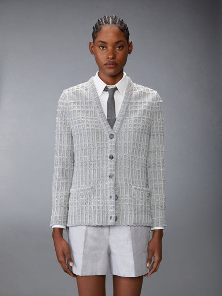 SEERSUCKER KNIT TWEED JACQUARD V NECK CARDIGAN