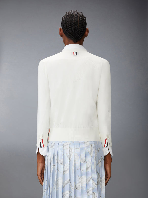 FEATHER INTARSIA POINTELLE 4-BAR V NECK CARDIGAN