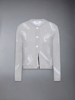 FEATHER INTARSIA PRINTED SILK TWILL CREW NECK CARDIGAN
