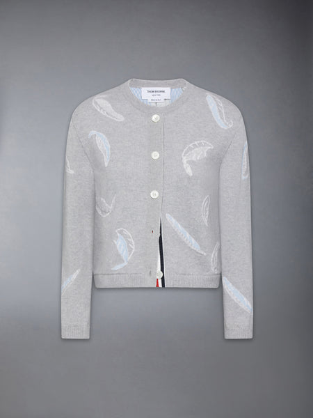 FEATHER INTARSIA PRINTED SILK TWILL CREW NECK CARDIGAN