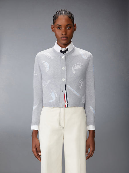 FEATHER INTARSIA PRINTED SILK TWILL CREW NECK CARDIGAN