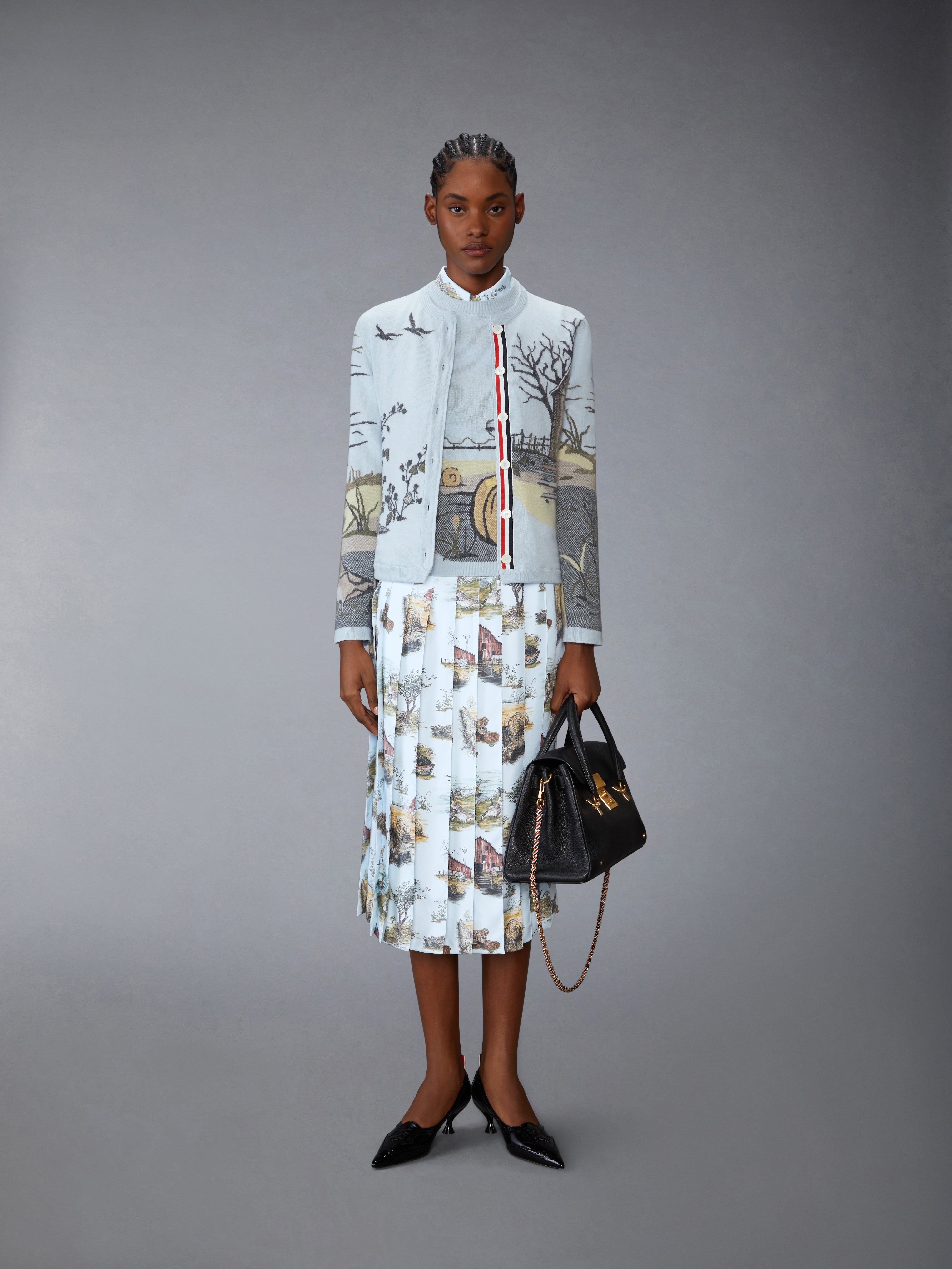 Scenic Intarsia Silk Twill Cashmere Cardigan | Thom Browne