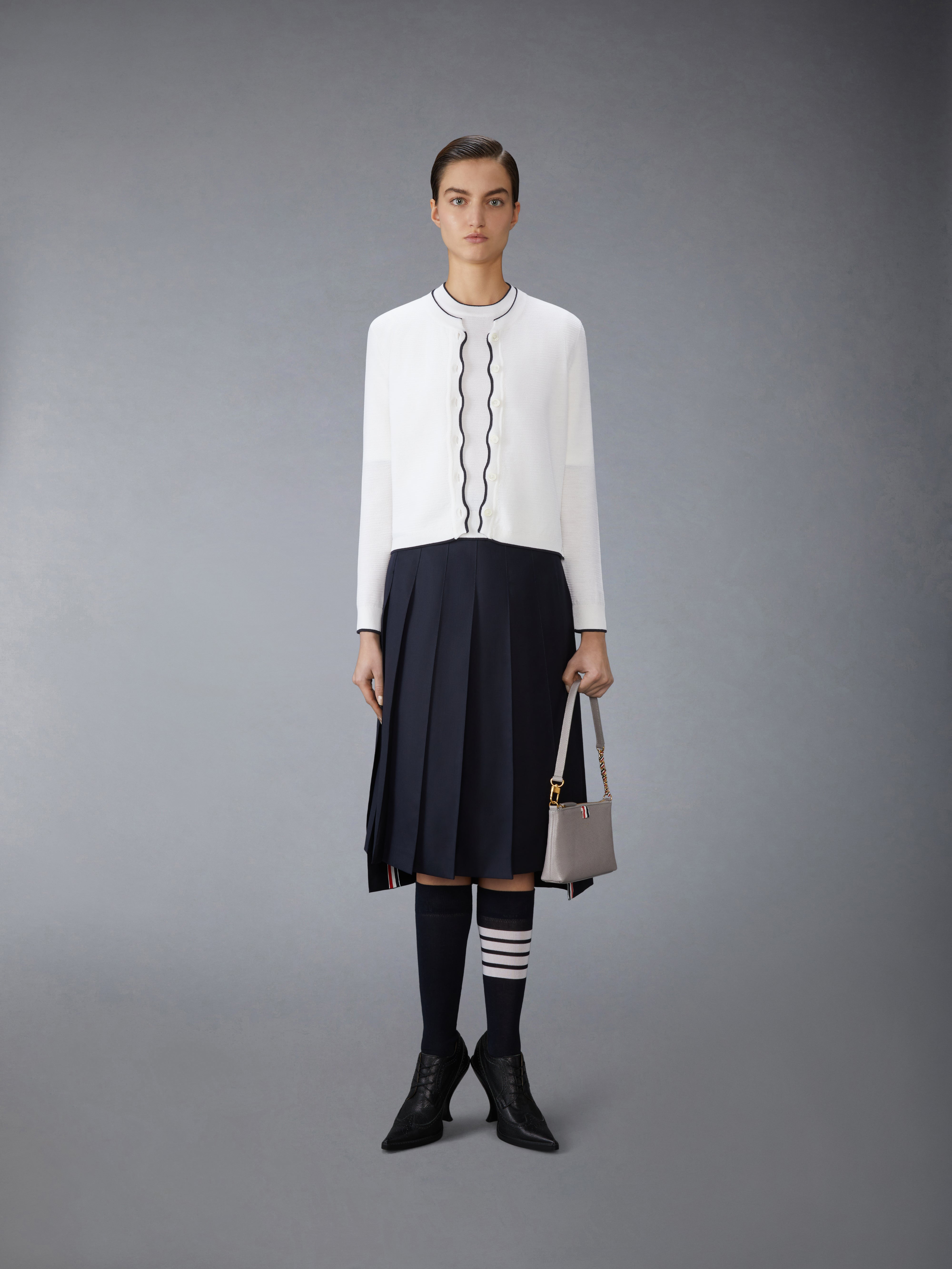 Wool Crepe 4-Bar Crew Neck Cardigan | Thom Browne