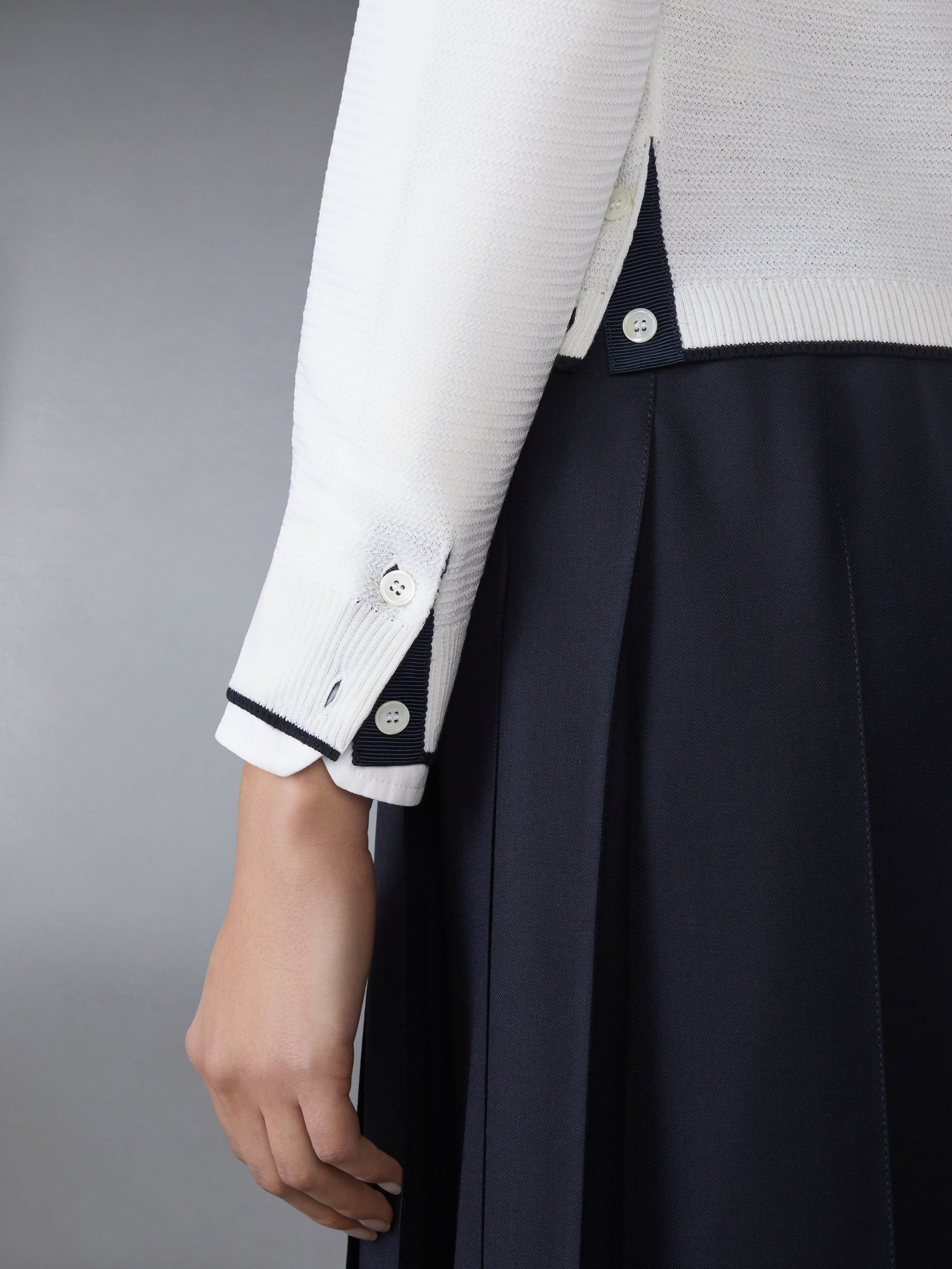 Wool Crepe 4-Bar Crew Neck Cardigan | Thom Browne