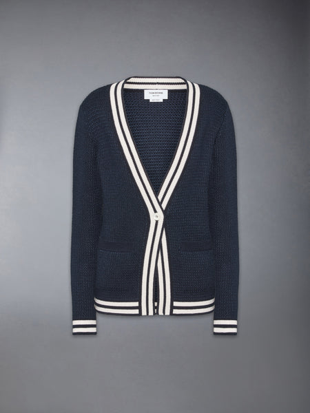 TUCK STITCH SILK CASHMERE & WOOL V NECK CARDIGAN NAVY