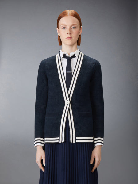 TUCK STITCH SILK CASHMERE & WOOL V NECK CARDIGAN NAVY