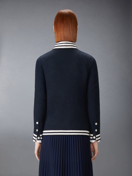 TUCK STITCH SILK CASHMERE & WOOL V NECK CARDIGAN NAVY