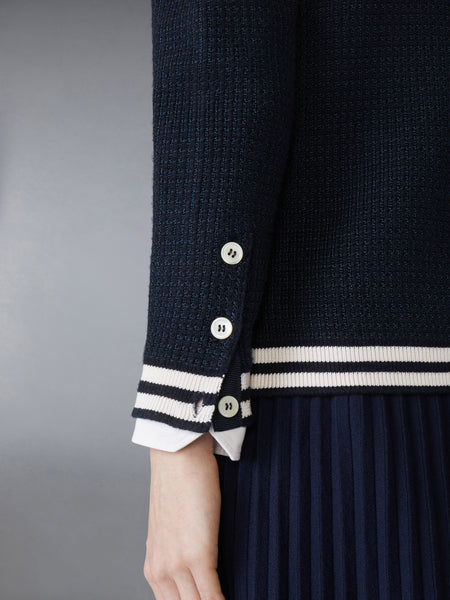 TUCK STITCH SILK CASHMERE & WOOL V NECK CARDIGAN NAVY