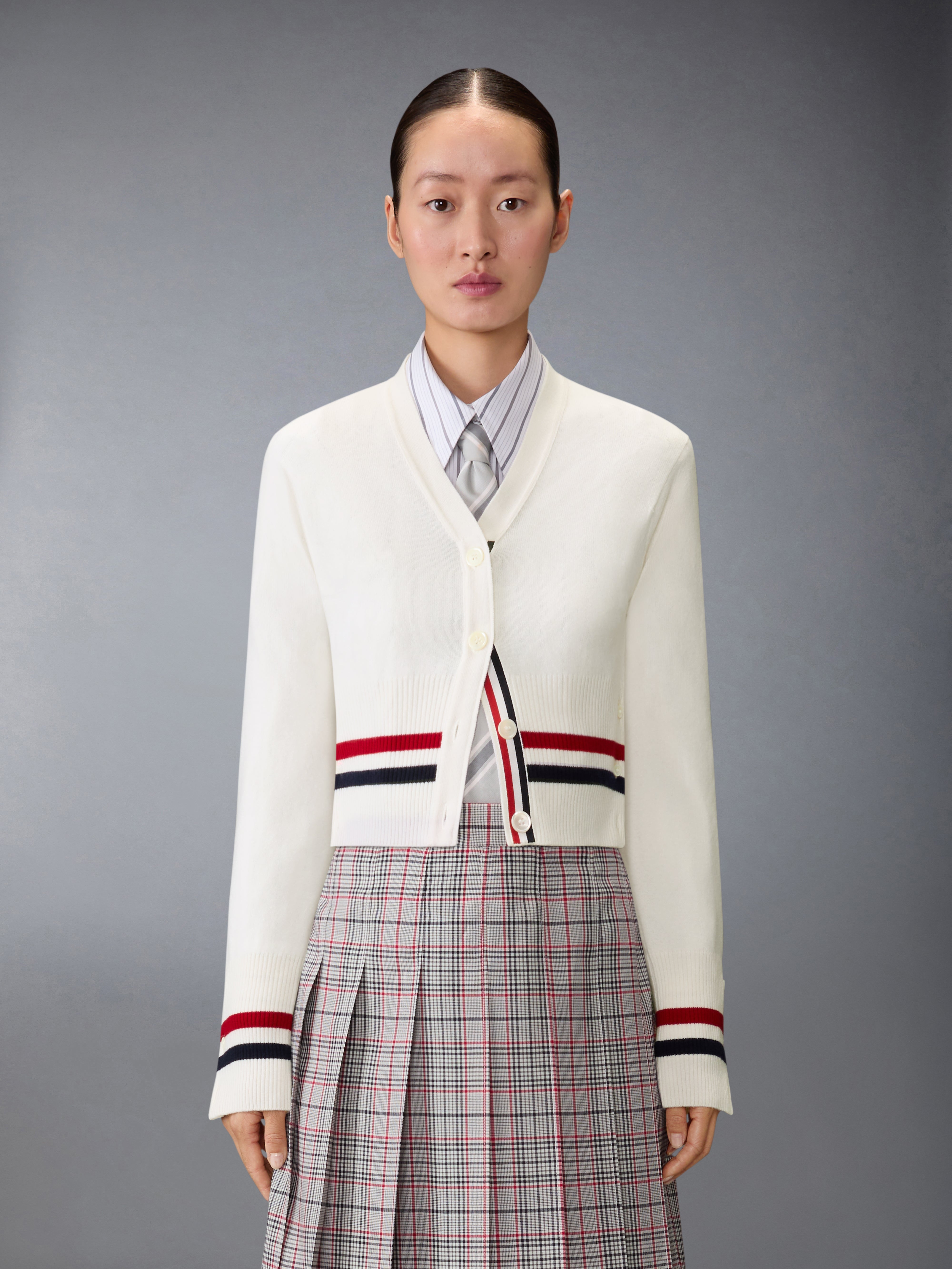 Cashmere Rwb Stripe Shrunken Cardigan | Thom Browne
