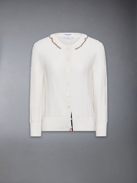 MERINO WOOL BOBBLE STITCH LACE TRIM CARDIGAN WHITE