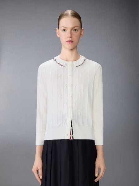 MERINO WOOL BOBBLE STITCH LACE TRIM CARDIGAN WHITE