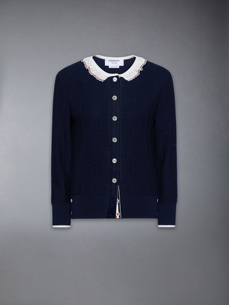 メリノウール ボブル ステッチ レーストリム カーディガン ネイビー