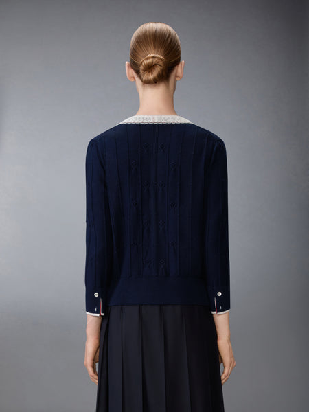 メリノウール ボブル ステッチ レーストリム カーディガン ネイビー