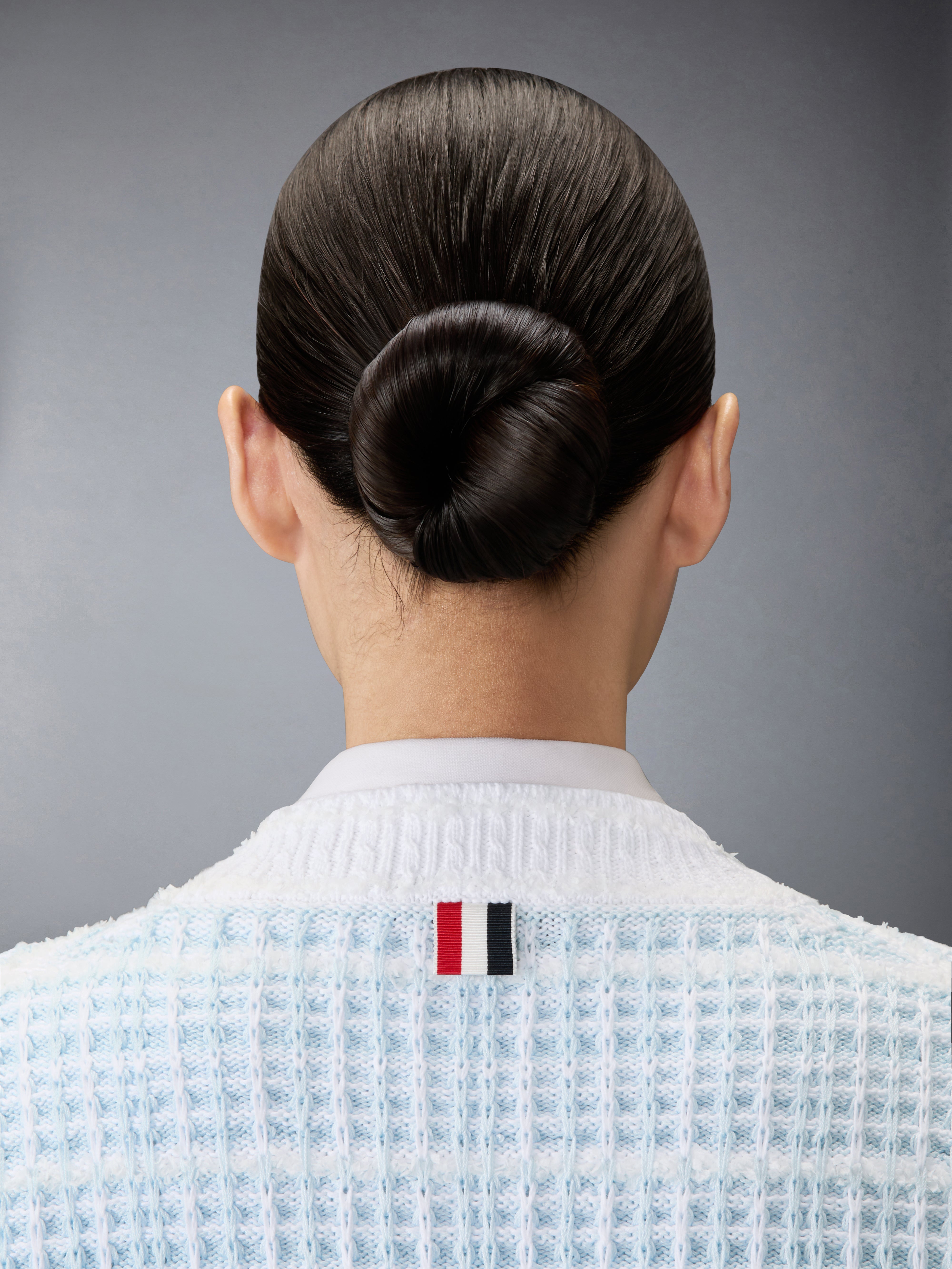 Tuck Stitch Tweed Elongated V-Neck Cardigan | Thom Browne