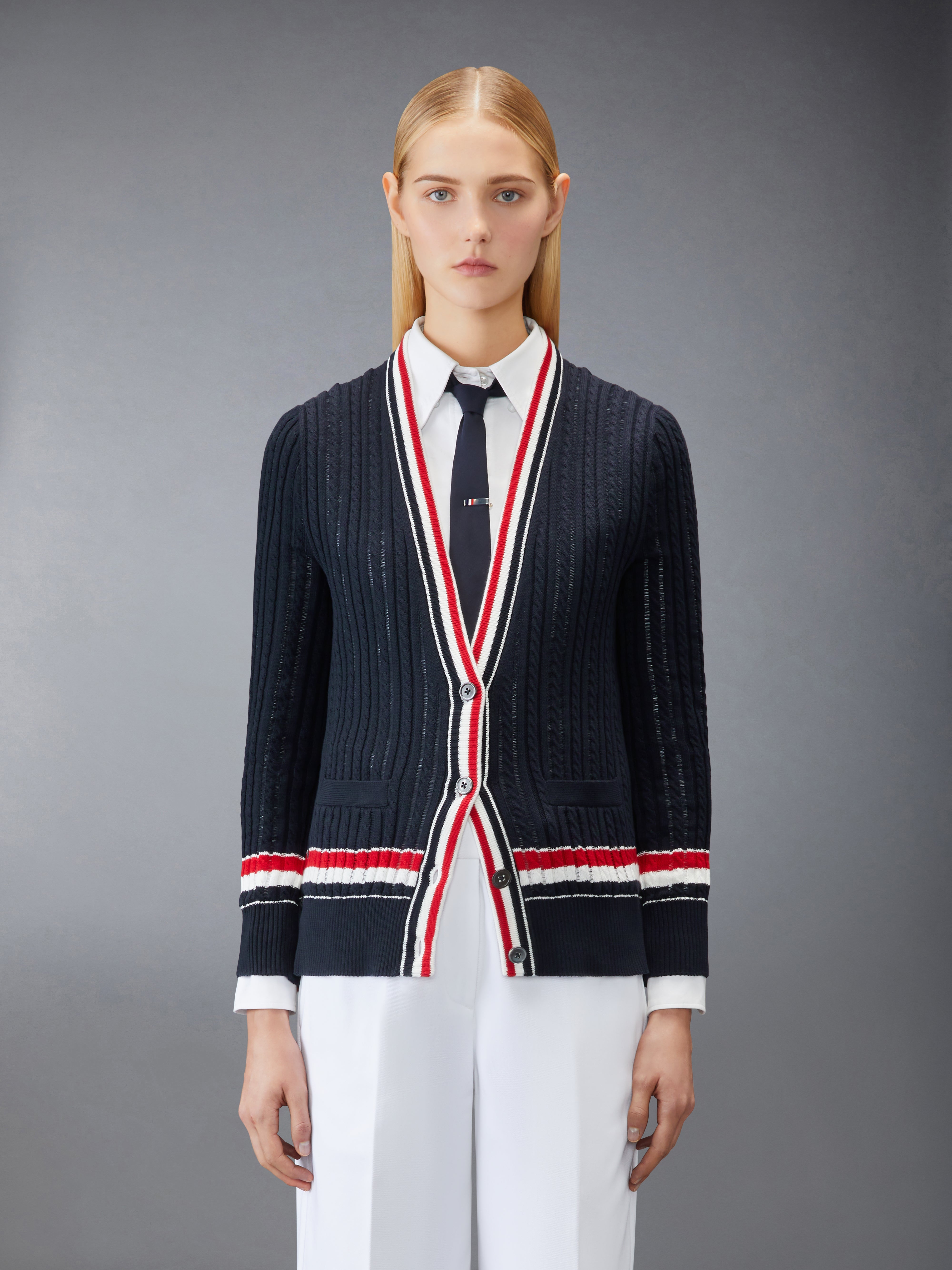 Rwb Stripe Baby Ladder Cable Elongated Cardigan | Thom Browne