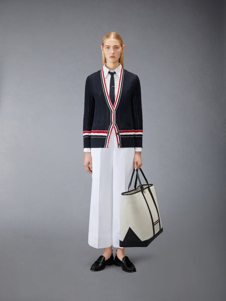 RWB STRIPE BABY LADDER CABLE ELONGATED CARDIGAN NAVY
